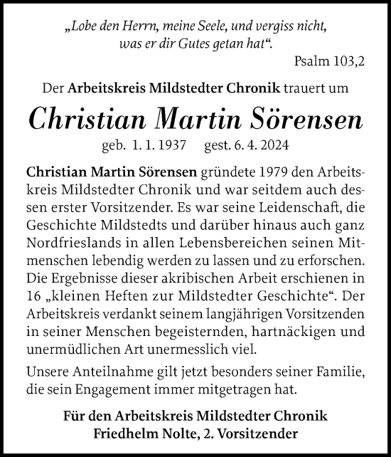 Traueranzeige von Christian Martin Sörensen von Husumer Nachrichten, Nordfriesland Tageblatt