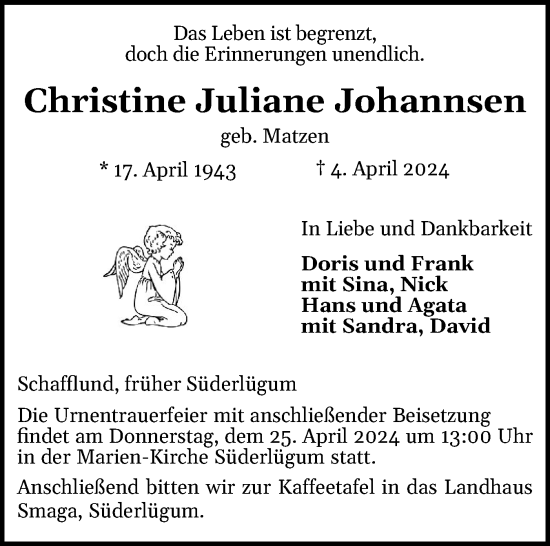 Traueranzeige von Christine Juliane Johannsen von Husumer Nachrichten, Nordfriesland Tageblatt