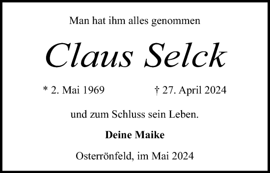 Traueranzeige von Claus Selck von Schleswig-Holsteinische Landeszeitung