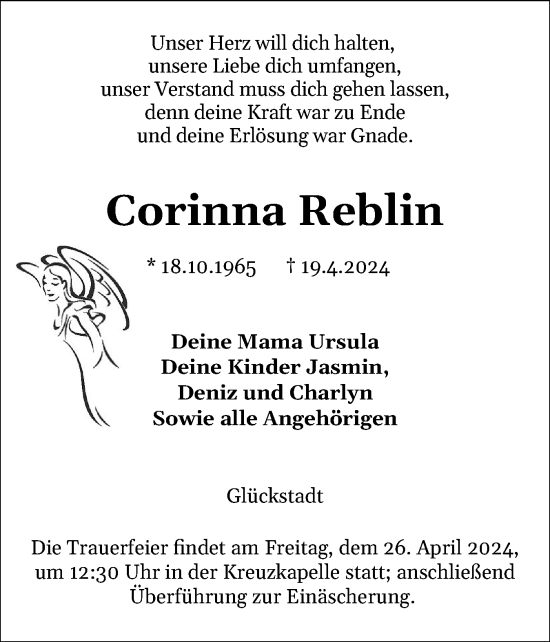 Traueranzeige von Corinna Reblin von Norddeutsche Rundschau, Wilstersche Zeitung, Glückstädter Fortuna