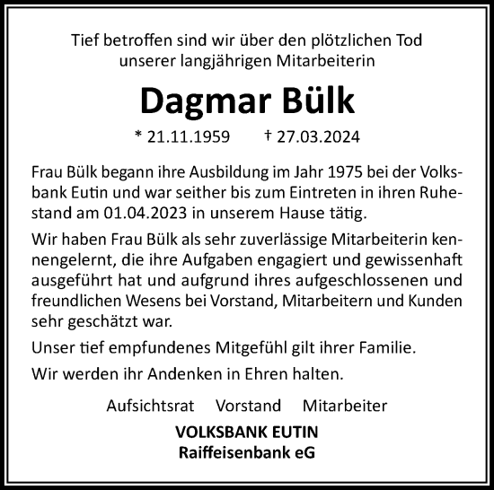 Traueranzeige von Dagmar Bülk von Ostholsteiner Anzeiger