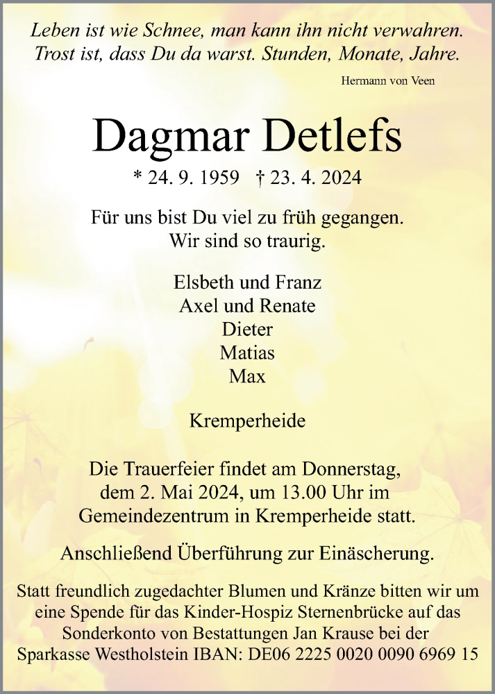  Traueranzeige für Dagmar Detlefs vom 27.04.2024 aus Norddeutsche Rundschau, Wilstersche Zeitung, Glückstädter Fortuna