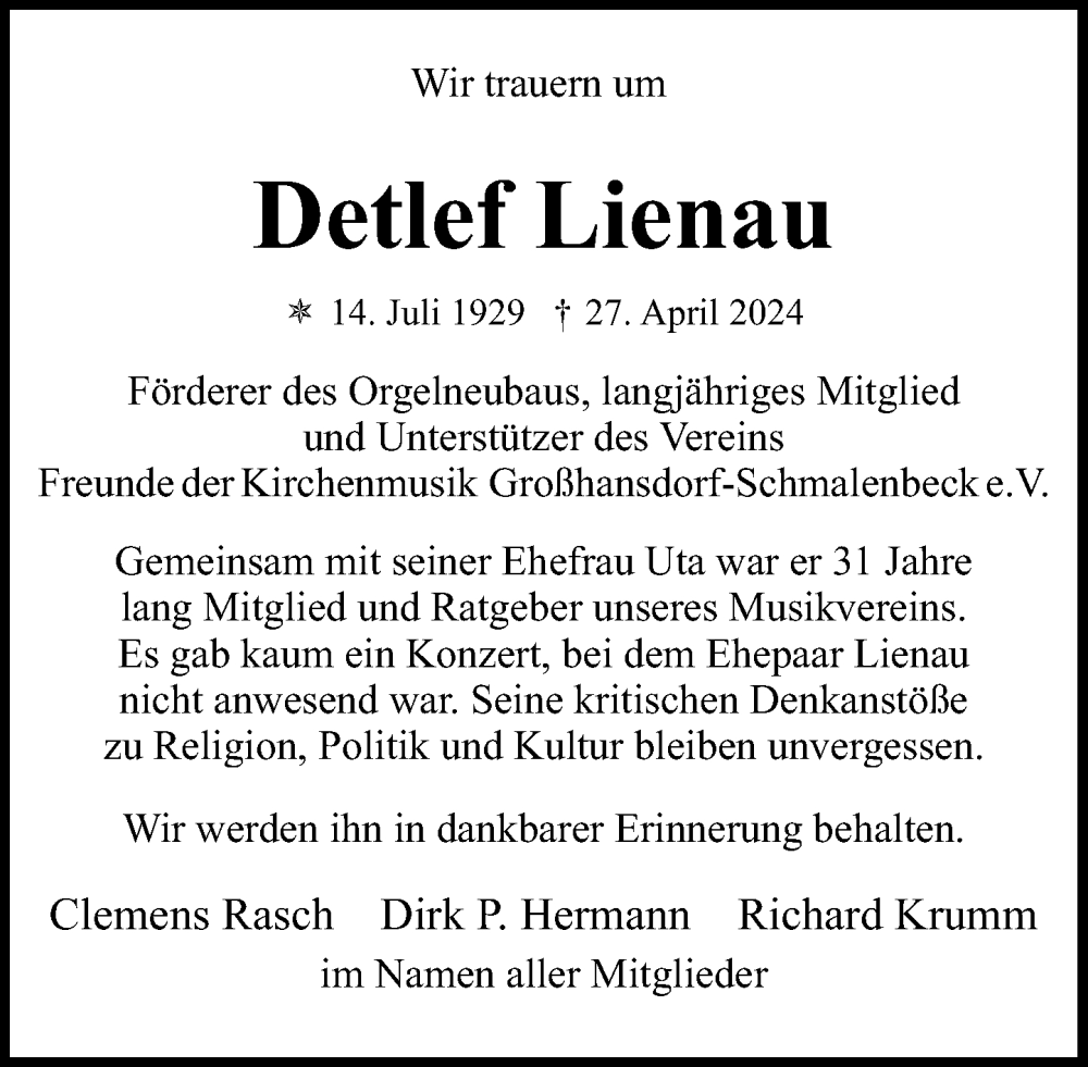  Traueranzeige für Detlef Lienau vom 04.05.2024 aus Stormaner Tageblatt