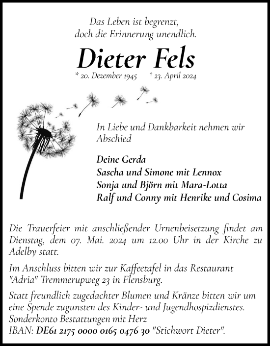 Traueranzeige von Dieter Fels von Flensburger Tageblatt