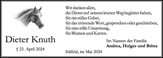 Traueranzeige von Dieter Knuth von Stormaner Tageblatt