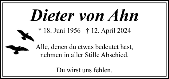 Traueranzeige von Dieter von Ahn von Flensburger Tageblatt