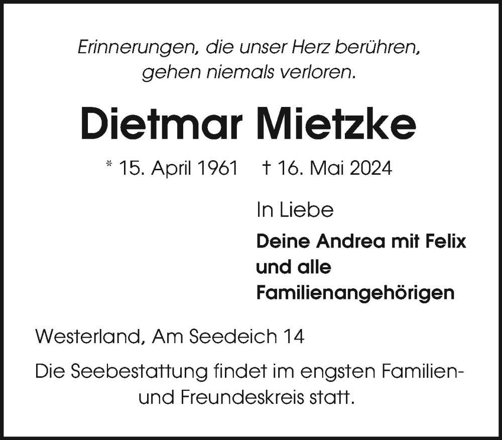  Traueranzeige für Dietmar Mietzke vom 25.05.2024 aus Sylter Rundschau