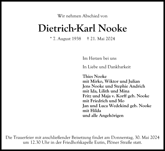 Traueranzeige von Dietrich-Karl Nooke von Ostholsteiner Anzeiger