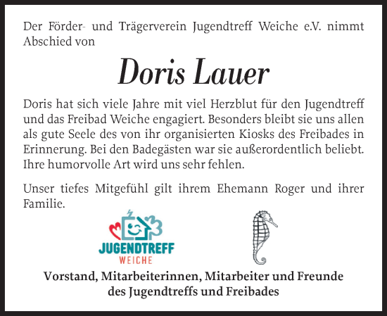 Traueranzeige von Doris Lauer von Flensburger Tageblatt