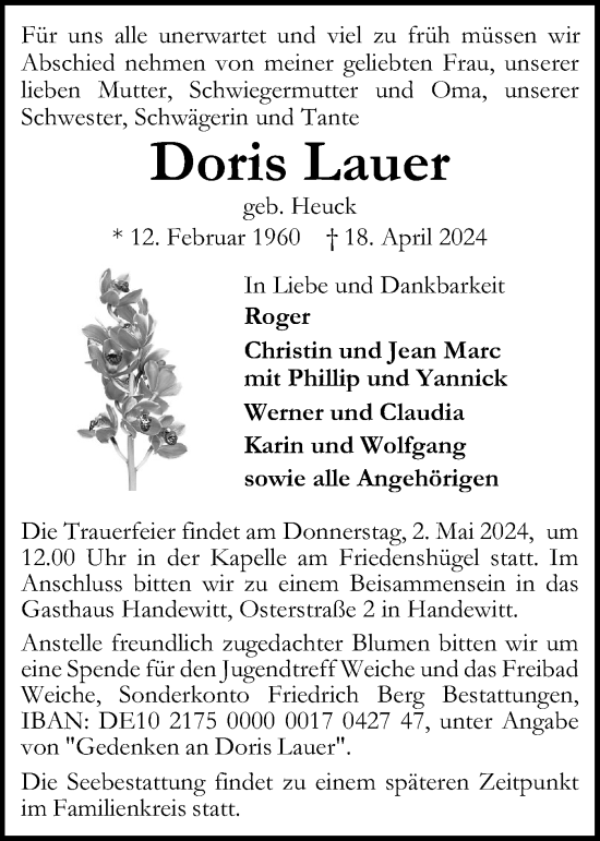 Traueranzeige von Doris Lauer von Flensburger Tageblatt