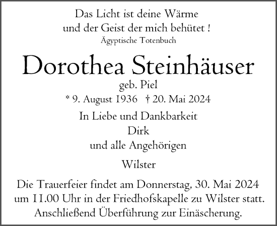 Traueranzeige von Dorothea Steinhäuser von Norddeutsche Rundschau, Wilstersche Zeitung, Glückstädter Fortuna