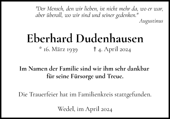 Traueranzeige von Eberhard Dudenhausen von Wedel-Schulauer Tageblatt, tip Wedel-Schulauer Tageblatt, tip Rissener Rundschau