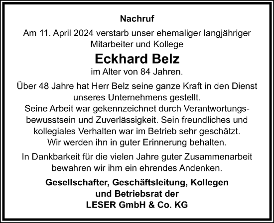 Traueranzeige von Eckhard Belz von Schleswig-Holsteinische Landeszeitung