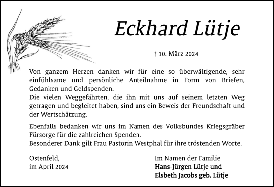 Traueranzeige von Eckhard Lütje von Schleswig-Holsteinische Landeszeitung