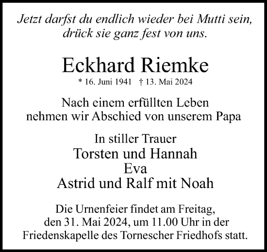 Traueranzeige von Eckhard Riemke von Uetersener Nachrichten, Der tip am Wochenende