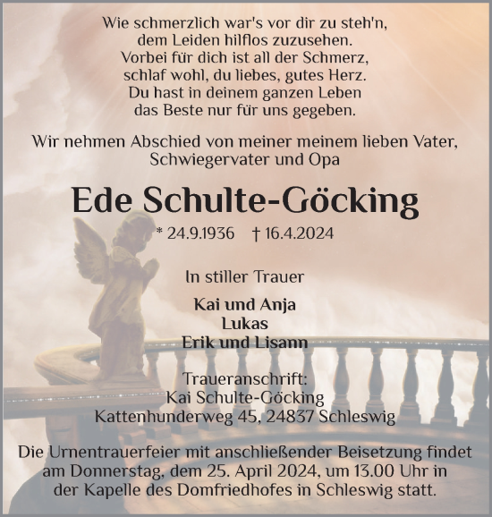 Traueranzeige von Ede Schulte-Göcking von Eckernförder Zeitung, Hallo Eckernförde