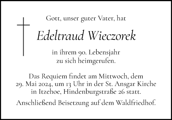 Traueranzeige von Edeltraud Wieczorek von Norddeutsche Rundschau, Wilstersche Zeitung, Glückstädter Fortuna