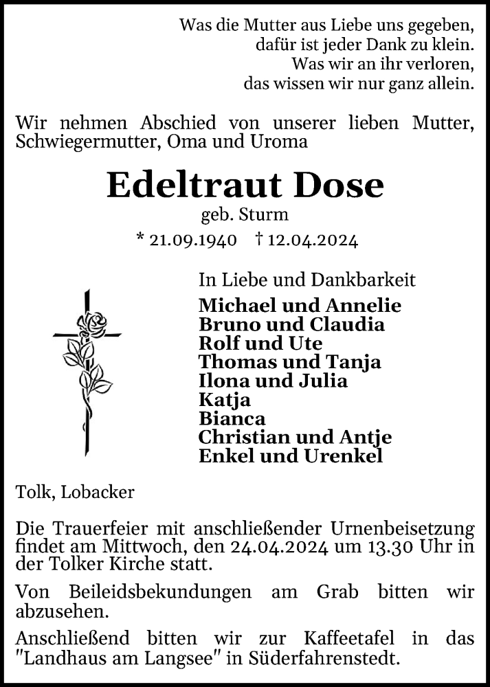  Traueranzeige für Edeltraut Dose vom 20.04.2024 aus Schleswiger Nachrichten, Schlei-Bote