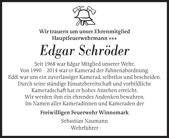 Traueranzeige von Edgar Schröder von Schleswiger Nachrichten, Schlei-Bote