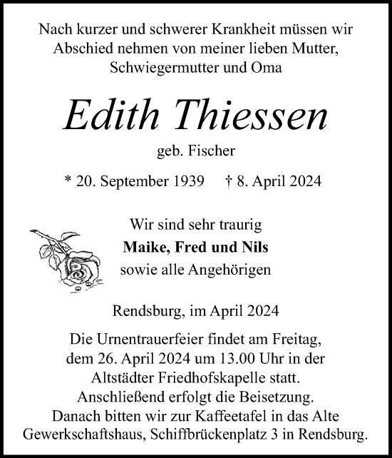 Traueranzeige von Edith Thiessen von Schleswig-Holsteinische Landeszeitung