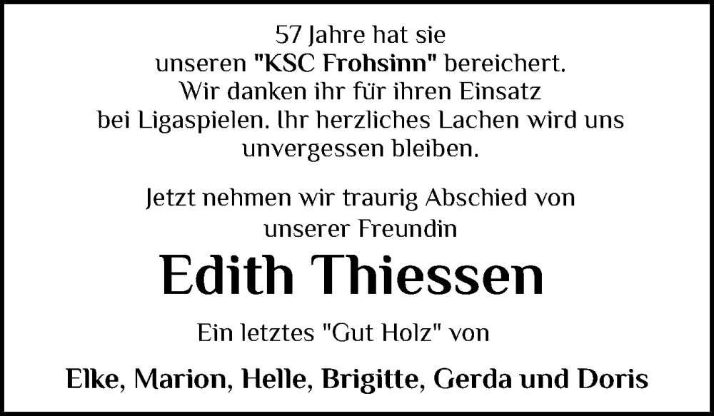  Traueranzeige für Edith Thiessen vom 20.04.2024 aus Schleswig-Holsteinische Landeszeitung