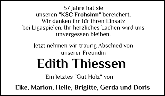 Traueranzeige von Edith Thiessen von Schleswig-Holsteinische Landeszeitung