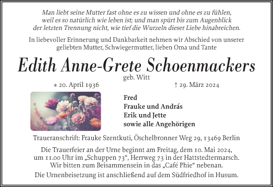 Traueranzeige von Edith Anne-Grete Schoenmackers von Husumer Nachrichten, Nordfriesland Tageblatt