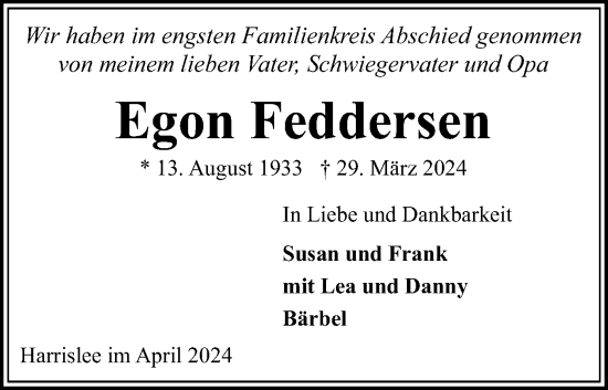 Traueranzeige von Egon Feddersen von Flensburger Tageblatt