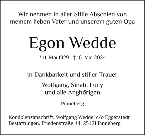 Traueranzeige von Egon Wedde von Region Pinneberg und tip Pinneberg