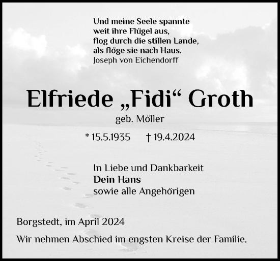 Traueranzeige von Elfriede Groth von Schleswig-Holsteinische Landeszeitung