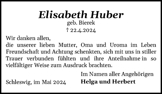 Traueranzeige von Elisabeth Huber von Schleswiger Nachrichten, Schlei-Bote