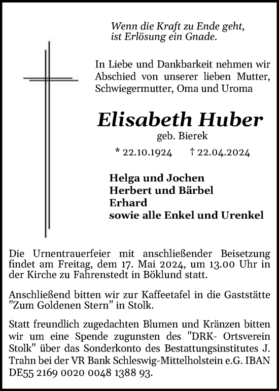 Traueranzeige von Elisabeth Huber von Schleswiger Nachrichten, Schlei-Bote