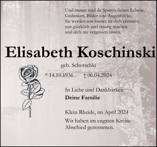 Traueranzeige von Elisabeth Koschinski von Schleswiger Nachrichten, Schlei-Bote