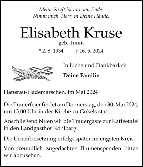 Traueranzeige von Elisabeth Kruse von Schleswig-Holsteinische Landeszeitung