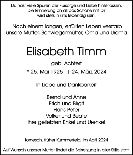 Traueranzeige von Elisabeth Timm von Region Pinneberg und tip Pinneberg