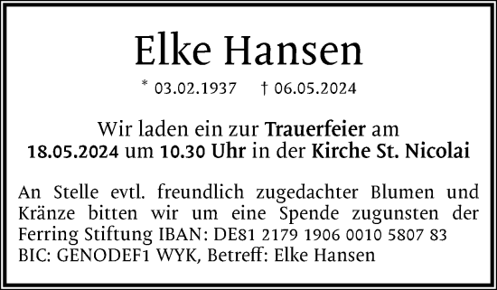 Traueranzeige von Elke Hansen von Der Insel-Bote