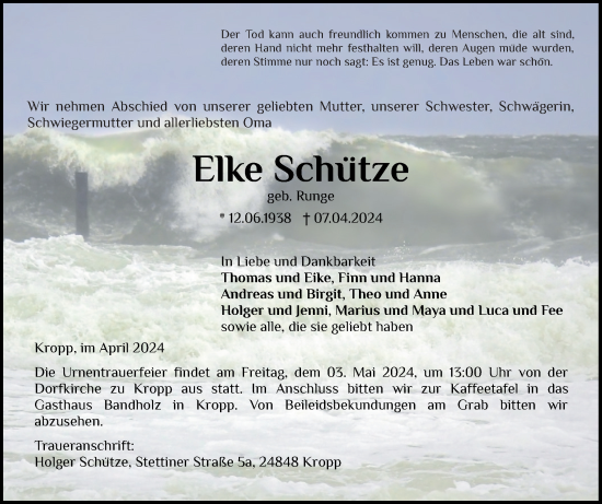 Traueranzeige von Elke Schütze von Schleswiger Nachrichten, Schlei-Bote