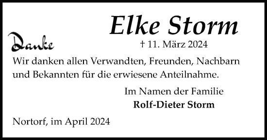 Traueranzeige von Elke Storm von Schleswig-Holsteinische Landeszeitung