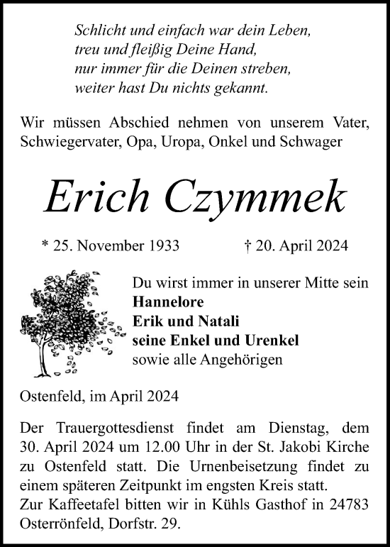 Traueranzeige von Erich Czymmek von Schleswig-Holsteinische Landeszeitung