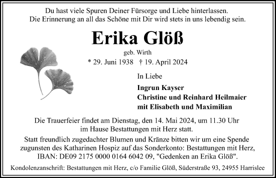 Traueranzeige von Erika Glöß von Flensburger Tageblatt