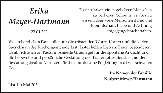 Traueranzeige von Erika Meyer-Hartmann von Sylter Rundschau