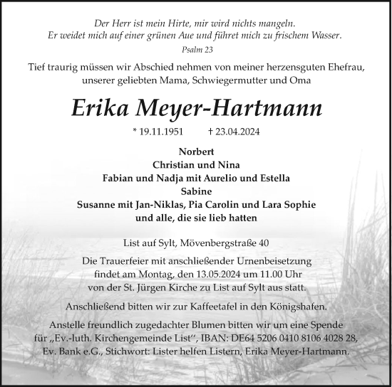 Traueranzeige von Erika Meyer-Hartmann von Sylter Rundschau