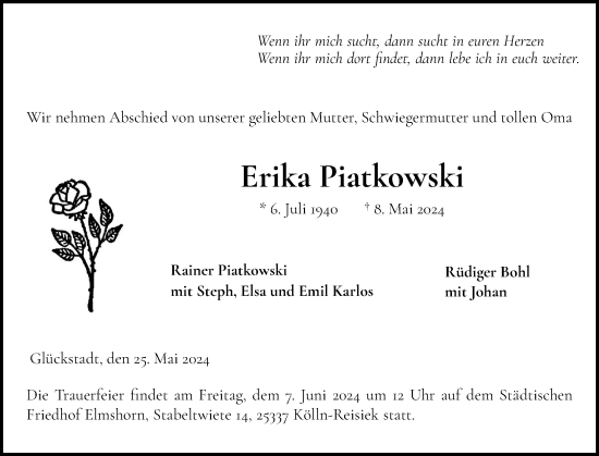 Traueranzeige von Erika Piatkowski von Norddeutsche Rundschau, Wilstersche Zeitung, Glückstädter Fortuna