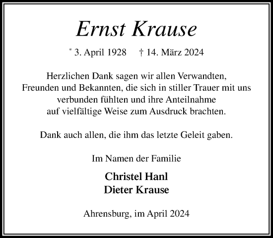 Traueranzeige von Ernst Krause von Stormaner Tageblatt