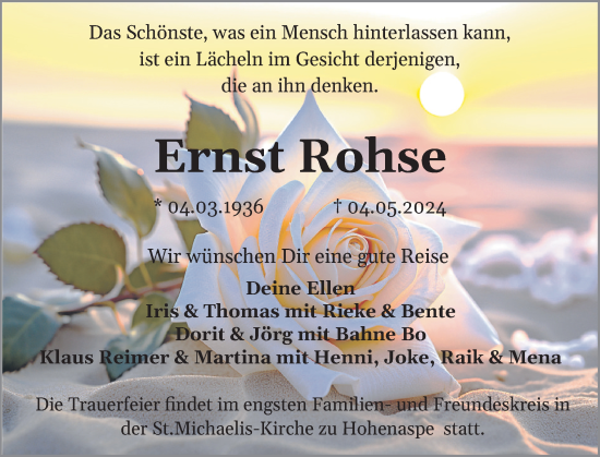 Traueranzeige von Ernst Rohse von Norddeutsche Rundschau, Wilstersche Zeitung, Glückstädter Fortuna