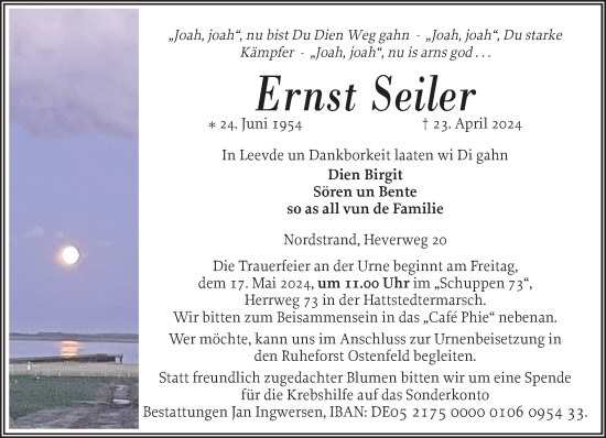 Traueranzeige von Ernst Seiler von Husumer Nachrichten, Nordfriesland Tageblatt