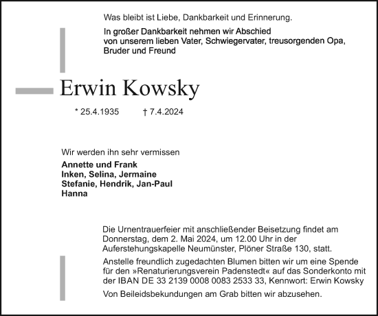 Traueranzeige von Erwin Kowsky von Holsteinischer Courier