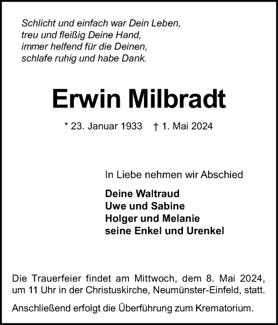 Traueranzeige von Erwin Milbradt von Holsteinischer Courier