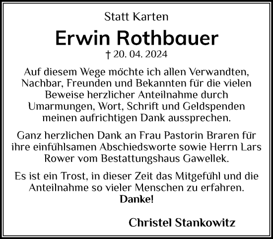 Traueranzeige von Erwin Rothbauer von Husumer Nachrichten, Nordfriesland Tageblatt