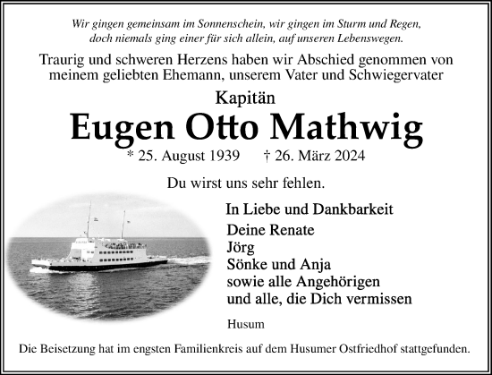 Traueranzeige von Eugen Otto Mathwig von Husumer Nachrichten, Nordfriesland Tageblatt